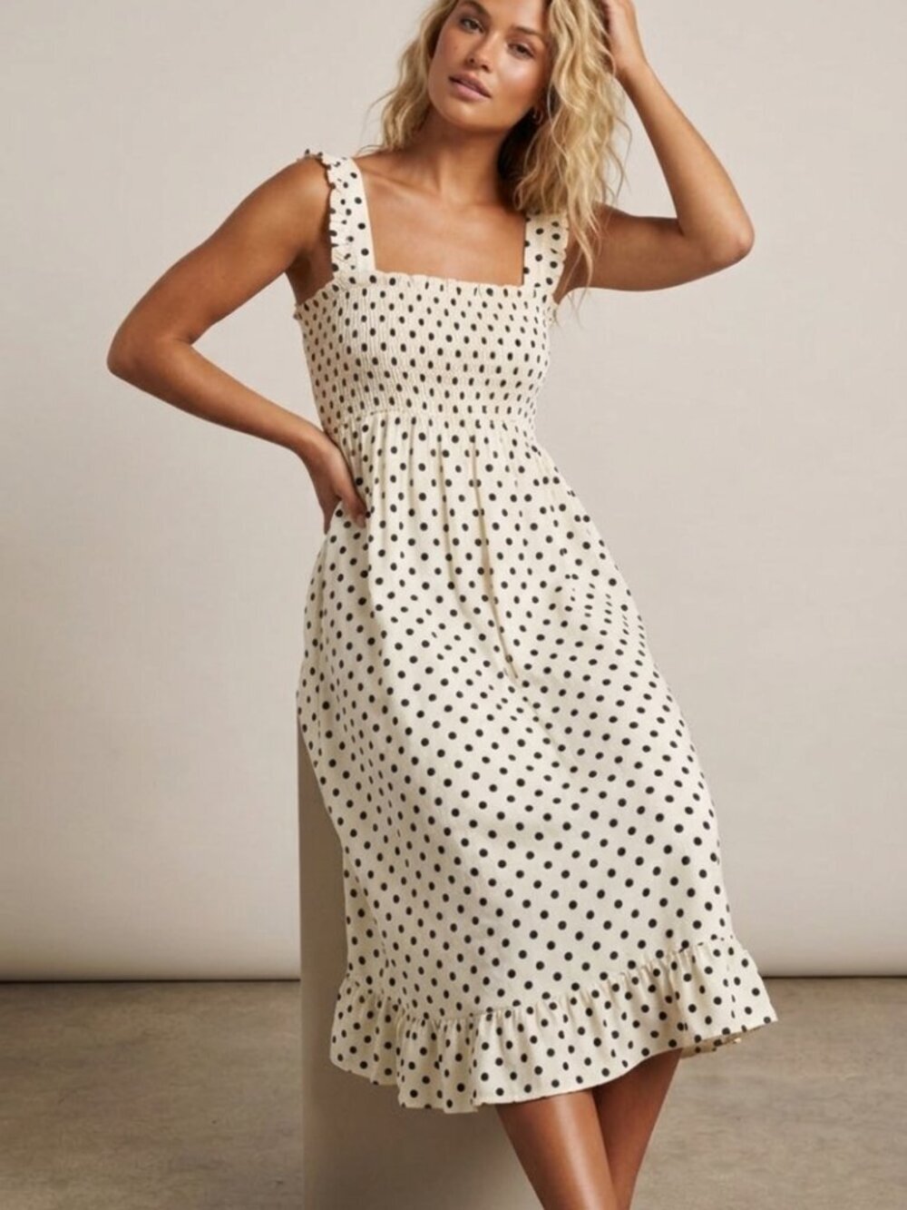 Zara White The Josefine Linen Blend Polka Dot Midi Dress Size Small 8558